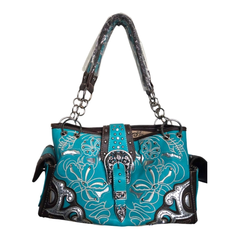 Western Rhinestone Turquoise Brown Conceal Carry Buckle Floral Women's Handbag - Picture 3 of 16